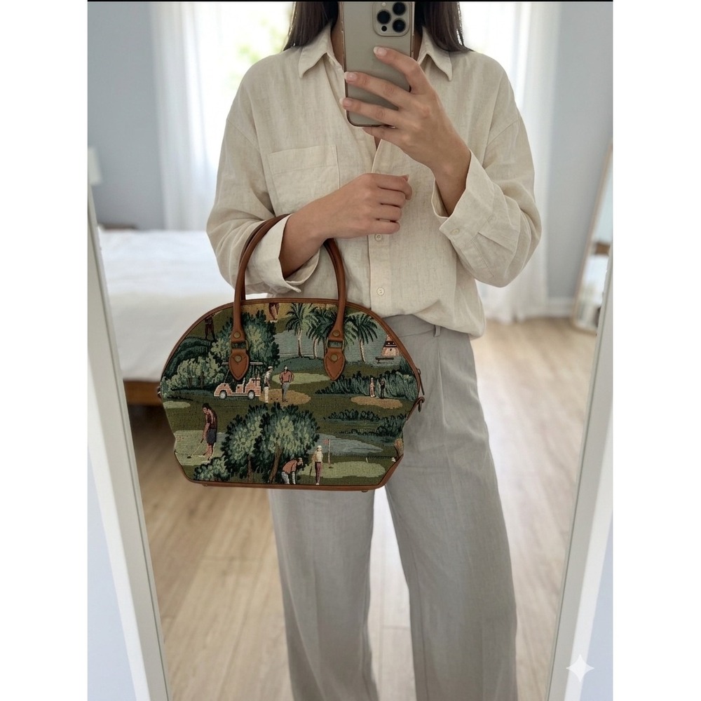 Vintage Golf Scene Tapestry Handbag Dome Purse Brown Faux Leather Trim